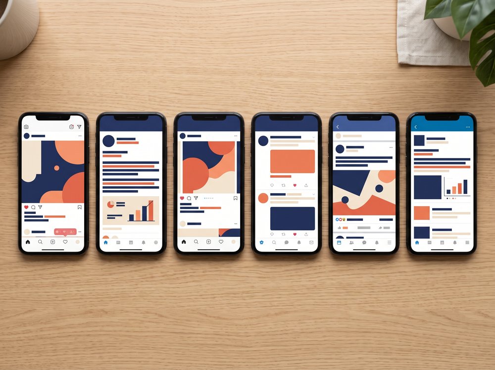 Social-Media-Mockups auf mehreren Smartphones